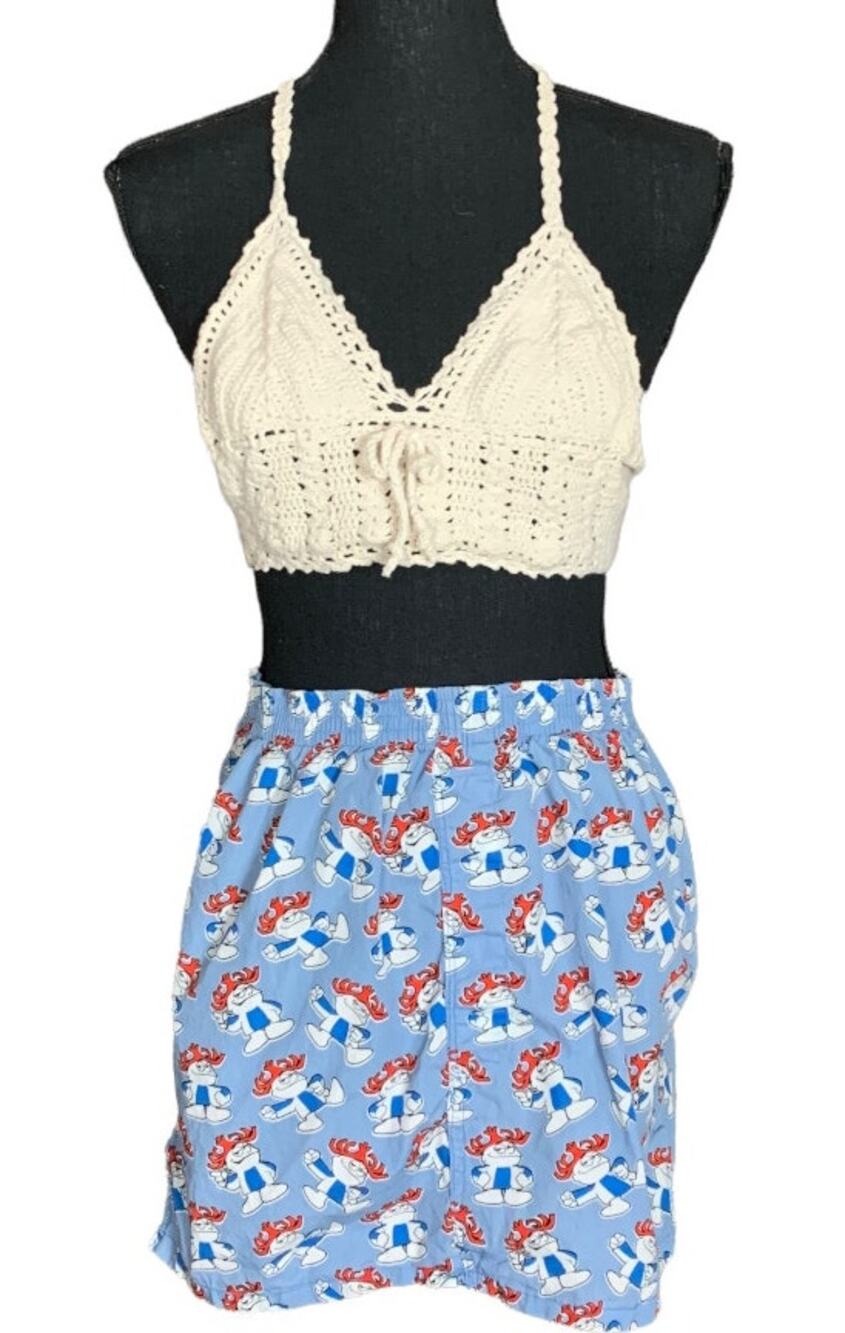 Hawaiian Punch Mini Skirt MEDIUM Upcycled One of A Kind Fun Retro 80s Blue